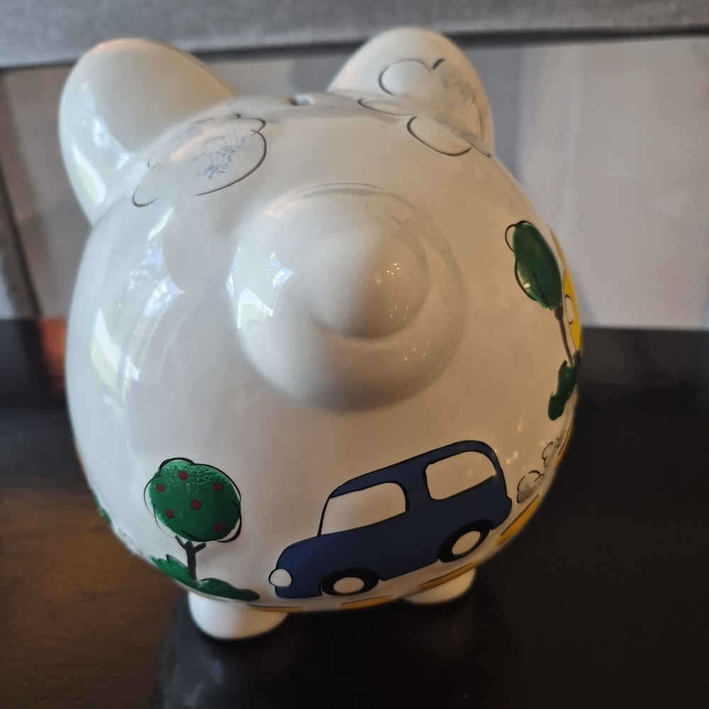 Child To Cherish Nordstrom Piggy Bank White Ceramic Colorful Cars Clouds - Picture 4 of 10